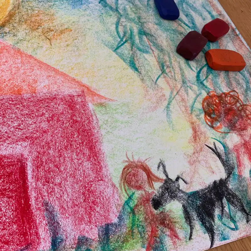 Coloured wax crayon drawing of a childhood phase